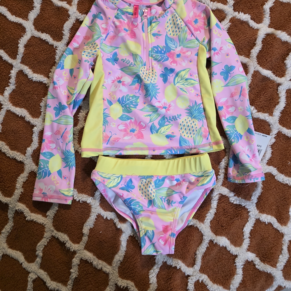 Betsey Johnson Pink and Yellow Rashguard Swim Set